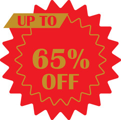 Sale sticker with 65 percent discount offer vector design. Circular shape with point red and yellow flat style. Fall shopping concept. Percentage sign illustration isolated on transparent background.