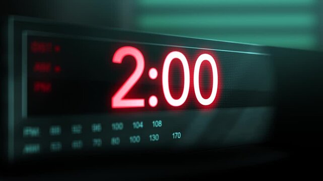 Camera pans across old digital clock as time arrives at 2 AM