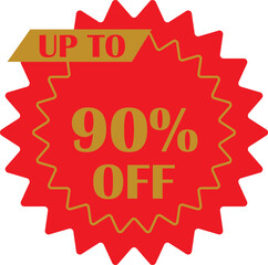 Sale sticker with 90 percent discount offer vector design. Circular shape with point red and yellow flat style. Fall shopping concept. Percentage sign illustration isolated on transparent background.