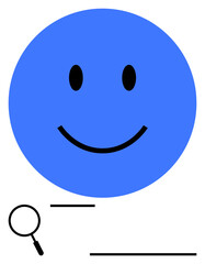 Fototapeta premium Blue smiling face paired with a magnifying glass and clean lines. Ideal for positive feedback, optimism, research concept, happiness, search for solutions, clarity, motivation. Flat simple metaphor
