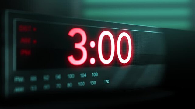 Camera pans across old digital clock as time arrives at 3 AM