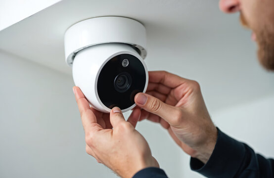 Technician installing IP wireless CCTV camera for home security system. Installation of white dome video surveillance camera on ceiling for property protection. Home security, video monitoring,
