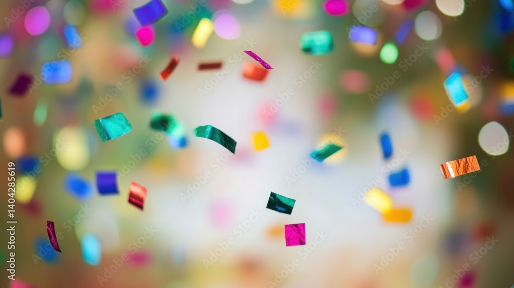 Poster a burst of celebration with vibrant confetti floating in a soft dreamlike atmosphere creating a sens