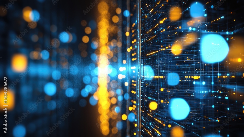 Poster Abstract digital server environment with glowing blue and orange data points, ideal for cloud computing, cybersecurity, and futuristic tech visuals