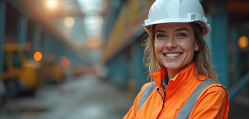 Smiling woman in safety gear at industrial site. Confident pro engineer, technician, builder. Happy female worker in workwear helmet. Workplace equality, empowerment. Symbol of business success,