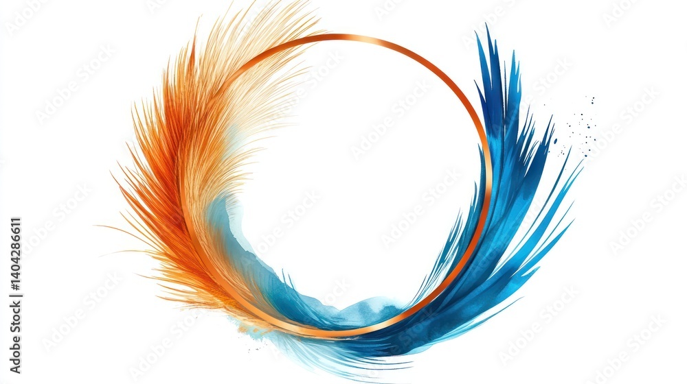 Poster a harmonious blend of warm and cool tones represented by feather-like forms encircling a central cir