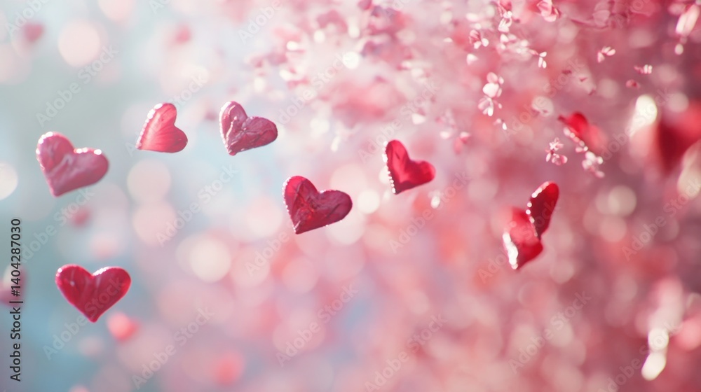 Aufkleber a dreamy depiction of floating heart-shaped objects amidst soft pink and white floral elements creat