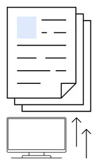 Stack of documents with text lines and a subtle blue box, computer monitor below, arrows pointing upwards. Ideal for document management, digital organization, office workflow, business processes