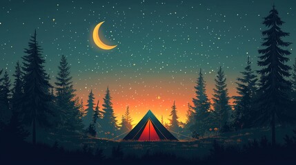 Fototapeta premium Serene Night Camping Scene with Stars, Moon, and Trees Under a Clear Sky