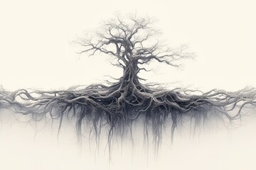 A large, ancient tree with exposed, sprawling roots against a stark white background