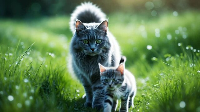 A fluffy gray cat and her tiny kitten walk on the lush green grass.
