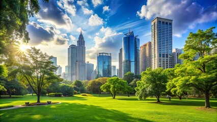 Fototapeta premium City Park Skyline: Minimalist Urban Nature Stock Photo - Lifestyle & Fitness Ads