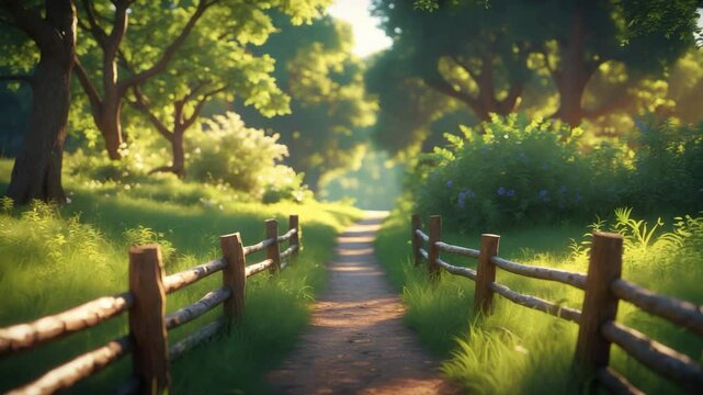 A delightful view of a natural trail bordered by a small log fence.