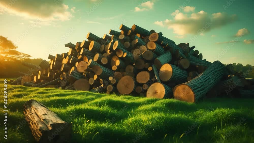 Poster a stack of cut timber in a field.