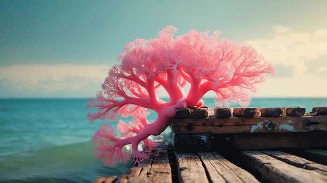 A colony of pink Dendronephthya soft coral thrives on a pier