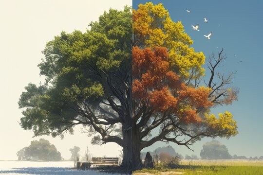 A majestic tree showcases the changing seasons, from winter's starkness to autumn's vibrant hues