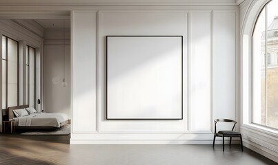 3D rendering of modern bedroom with white wall and empty poster frame, perfect for product display, poster previews, or interior branding
