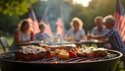 A grill with assorted meats and veggies, in front of waving American flags, capturing the spirit of July 4th celebrations