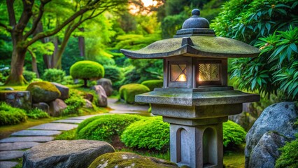 Obraz premium Serene Japanese Garden Stone Lantern: Gray & Green Artistic Outdoor Lamp Sculpture
