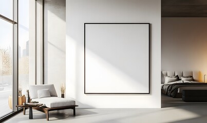 Minimalist bedroom interior with large blank poster on white wall. 3D Rendering,
