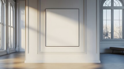 Fototapeta premium Minimalist bedroom interior with large blank poster on white wall. 3D Rendering, 