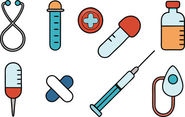 Medical Supplies Icon Set: A vibrant collection of medical icons representing essential tools of the healthcare industry, including a stethoscope, test tube, syringe, bandages, medicine bottle.