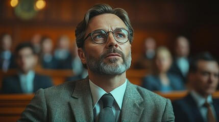 Focused man in suit listens intently in courtroom
