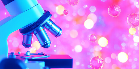 Illustration of a microscope with colorful organisms floating against a soft science magenta themed background