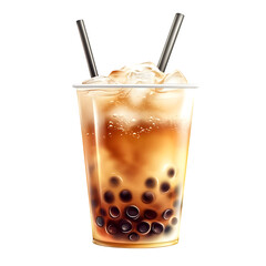 Iced bubble tea with straw, realistic style, at sunrise, isolated on white background