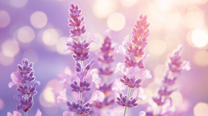 Obraz premium Close up of beautiful lavender flowers blooming in soft bokeh light background.