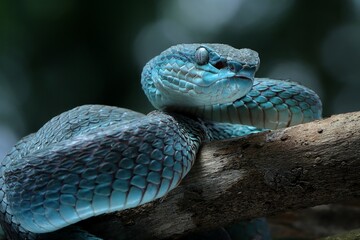 This image shows a beautiful blue viper, likely a blue morph of the Trimeresurus insularis, also...