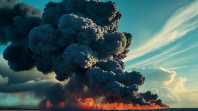 A column of dark smoke rising from a blaze and drifting through the sky.