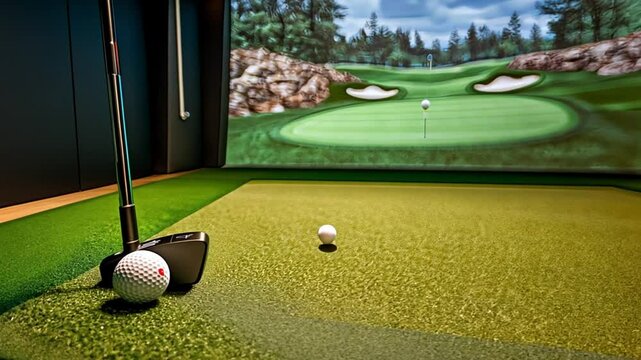 Indoor golf setup with a putter and ball on green turf, featuring a virtual course backdrop