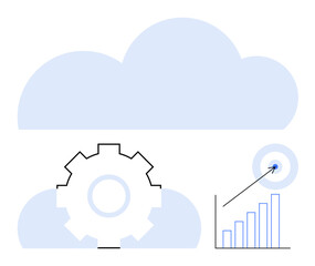 Cloud with central gear, bar chart rising to a target with an arrow. Ideal for technology, innovation, data analytics, cloud computing, growth, strategy business solutions. Flat simple metaphor