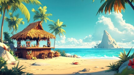 Tranquil tropical beach hideaway with tiki bar and island paradise vista