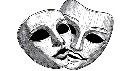 Illustration Of Two Theatrical Masks Black And White On Transparent Background