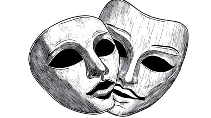 Illustration Of Two Theatrical Masks Black And White On Transparent Background