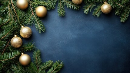 elegant christmas and new year background featuring lush evergreen fir branches adorned with glistening golden baubles on a deep navy blue textured backdrop