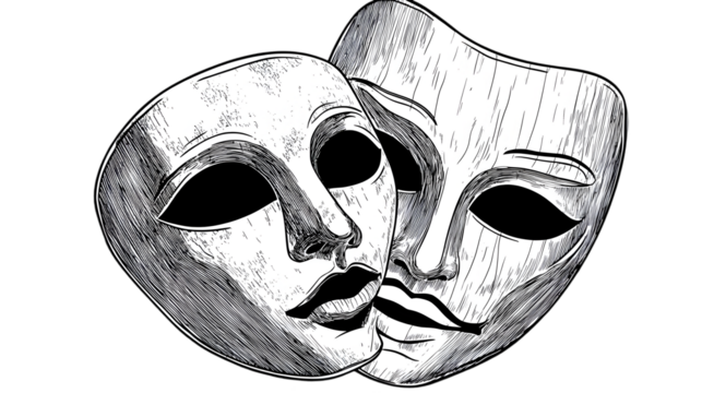 Illustration Of Two Theatrical Masks Black And White On Transparent Background