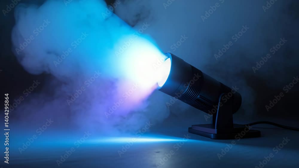 Poster blue-hued projector spotlight with a smoky textured background, emitting light beams for multimedia 