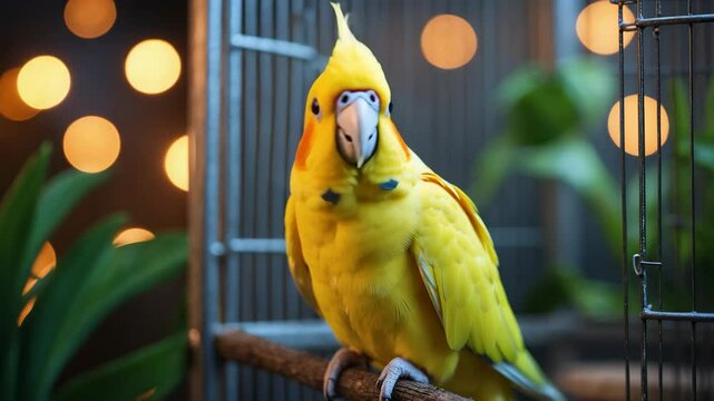 Charming yellow cockatiel parrot. Delightful cockatiel. Pet parrot at home. Amazing bird video. Funny parrot. Yellow domestic bird. Beautiful feathers. Love for pets.