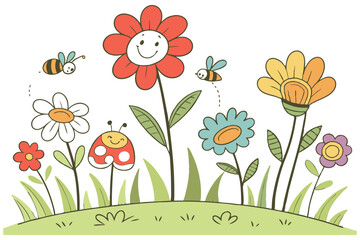 Beautiful spring floral vector design with flowers, butterflies, and a ladybird among meadow grass