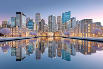 Obraz premium A city skyline during golden hour with reflections on high-rise windows