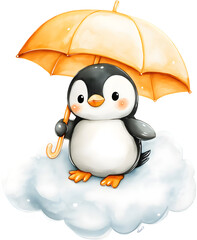 baby penguin on a cloud under an umbrella