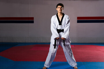 Full length of a taekwondo fighter posing in fighting stance on training mat