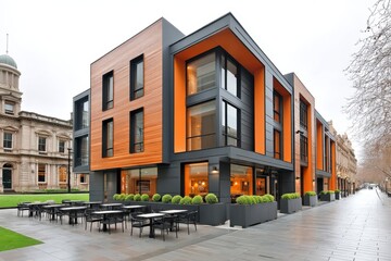 Naklejka premium A corner block with street-level restaurants and bold facade geometry