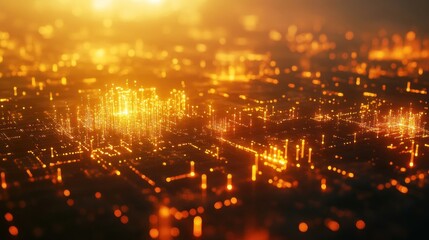 Golden Network, A futuristic city illuminated with digital connectivity