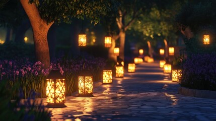 Obraz premium Illuminated pathway through tranquil garden at twilight with lanterns