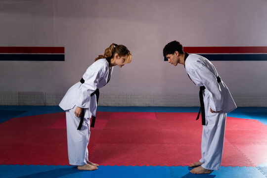 Two taekwondo fighters bowing before starting training - Powered by Adobe