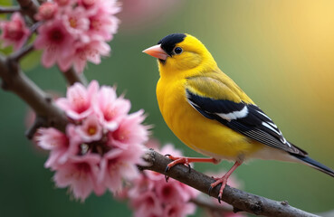 Obraz premium Yellow finch bird sits on branch near blooming pink flowers. Vibrant illustration captures avian beauty in natural setting. Perfect for nature enthusiasts, eco-conscious brands, educational content.